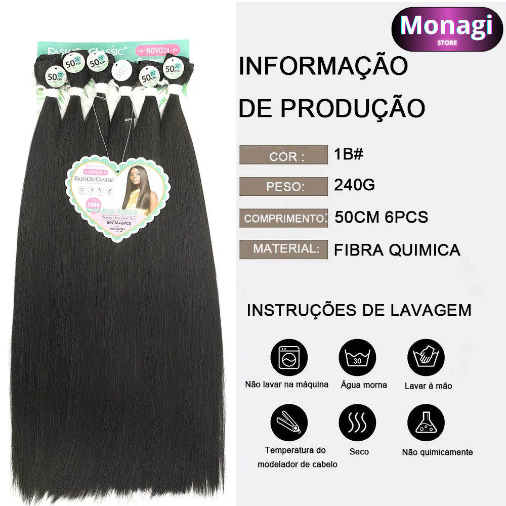 Extensões de Cabelo Orgânico Liso Feminino - Alta Qualidade, 240g, 50cm