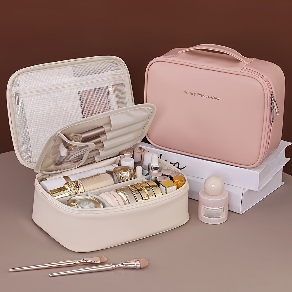 Bolsa de Maquiagem Portátil Grande com Suporte para Pincéis